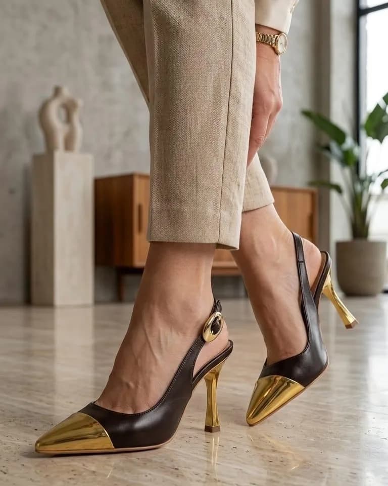 Slingback café com bico dourado